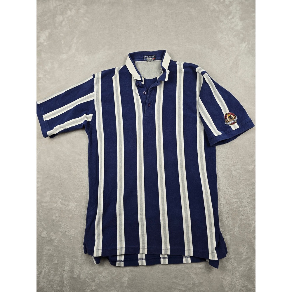 Vintage US Open Polo Shirt Mens XL Fit L Blue Striped 1997 Congressional Golf